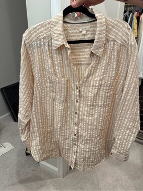 Pilcro Beige and White Striped Button-Down Shirt